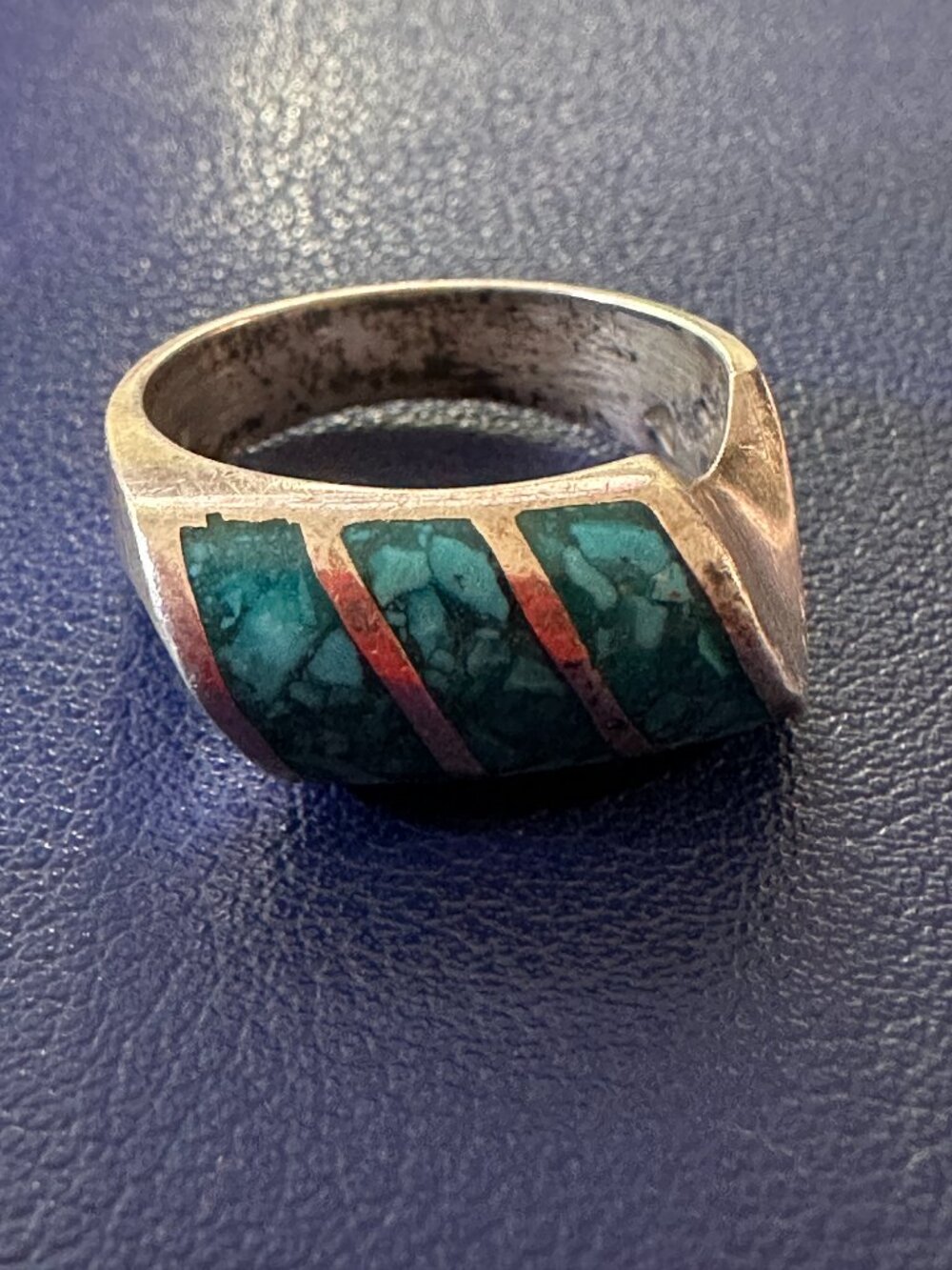 Vintage Sterling Silver Mexico Turquoise Channel Inlay Ring | Size 9 - Picture 2 of 6